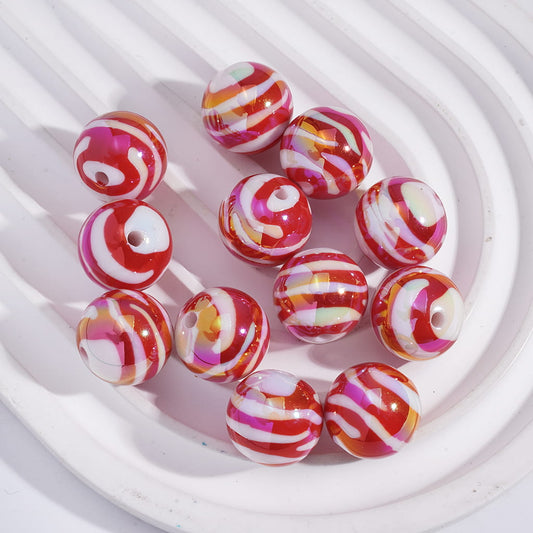 Acrylic Beads for Bracelets UV Coating with White and Red Stripes