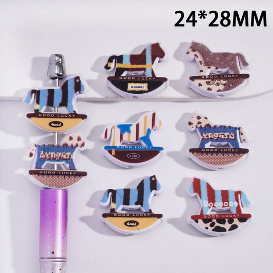 Acrylic Beads Rocking Horse with Stripe Pattern Series, 24*28MM, Multi-Color, Random Mix