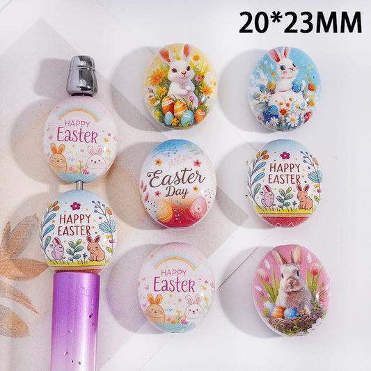 Set of Easter-themed buttons with bunnies and eggs on a white background.