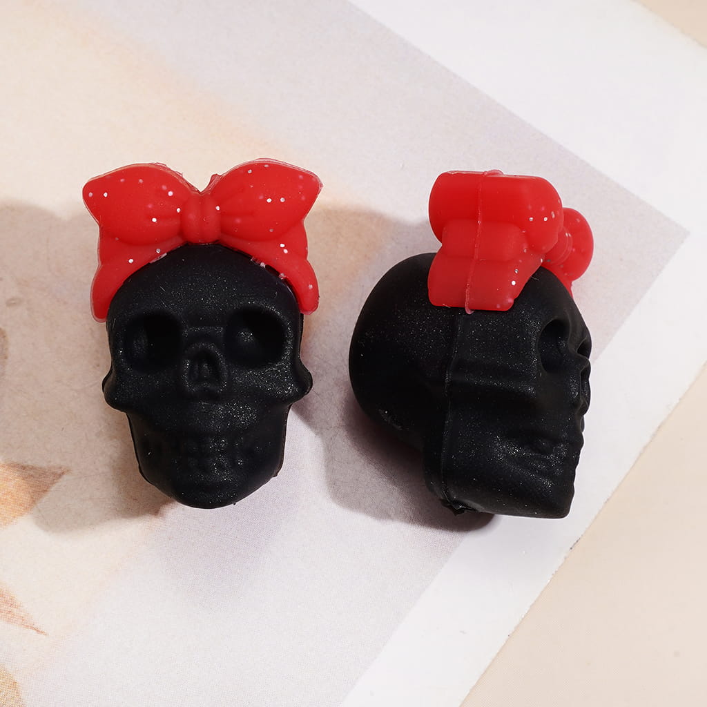 3D Halloween Skull Head with Mini Bow Silicone Focal Beads, Various Colors