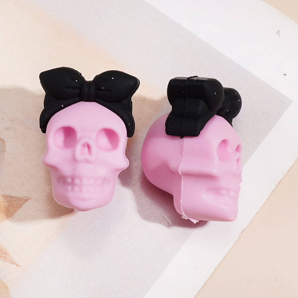 3D Halloween Skull Head with Mini Bow Silicone Focal Beads, Various Colors