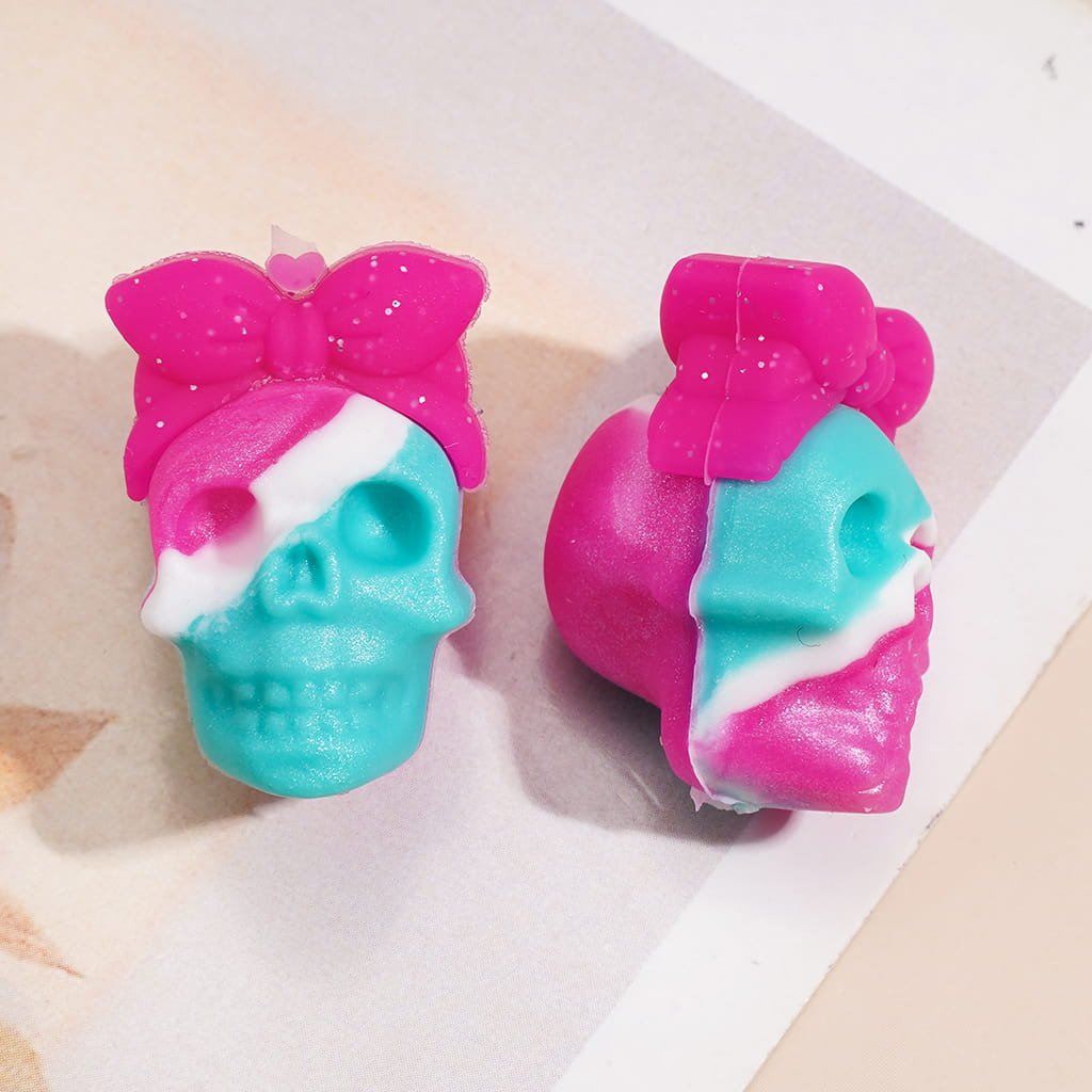 3D Halloween Skull Head with Mini Bow Silicone Focal Beads, Various Colors