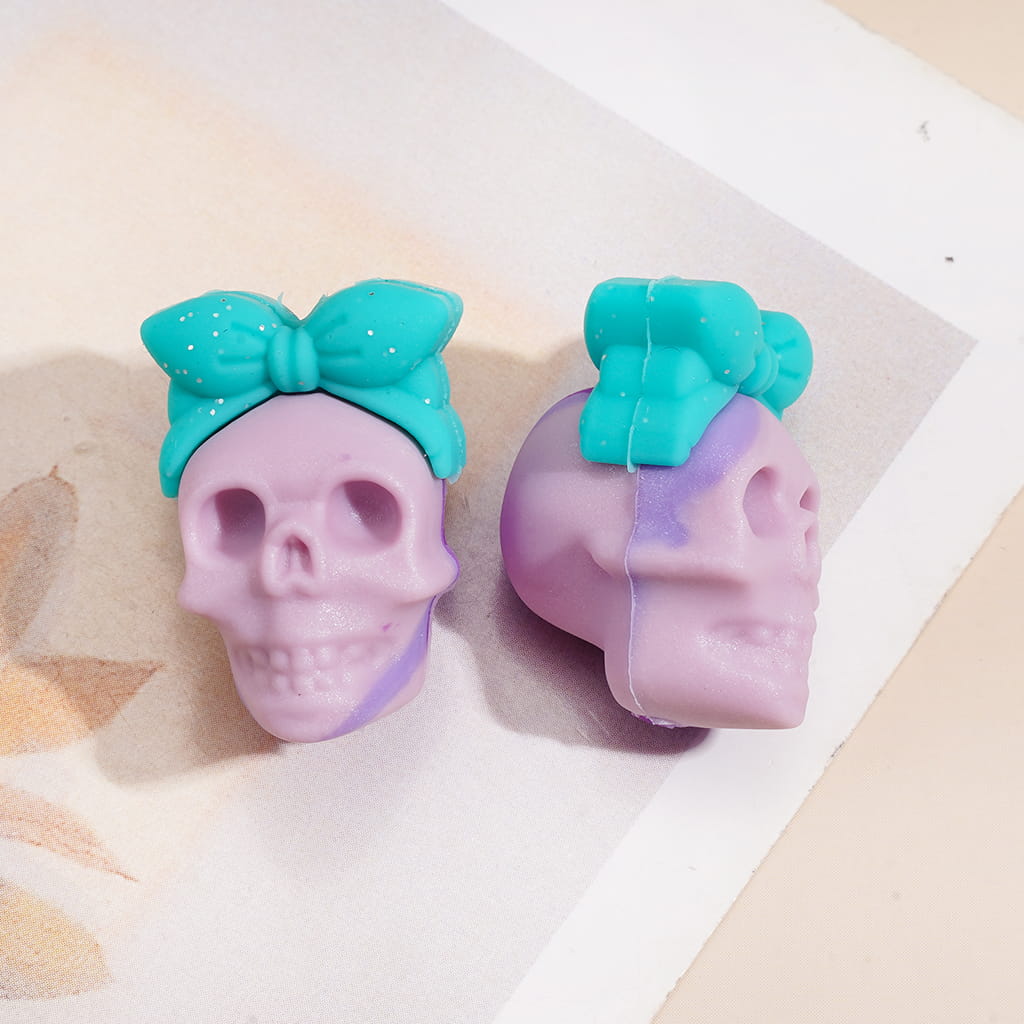 3D Halloween Skull Head with Mini Bow Silicone Focal Beads, Various Colors