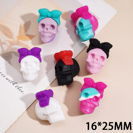 3D Halloween Skull Head with Mini Bow Silicone Focal Beads, Various Colors
