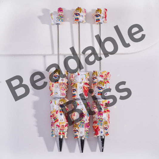 Beadable Clay Pens with Rainbow Fairy Girl Series, AB Rhinestones and White Pearl
