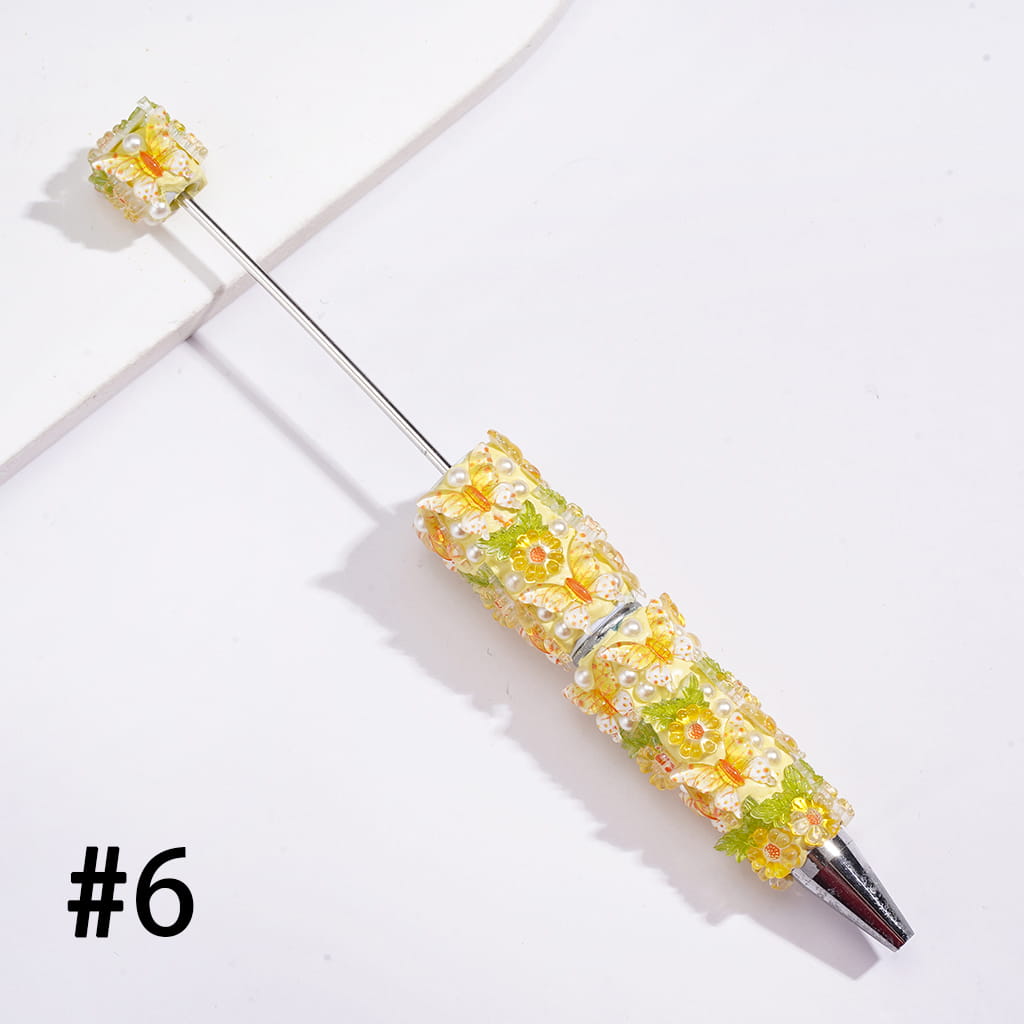 Beadable Clay Pens with Vivid Butterfly, Floral Flowers and White Pearls