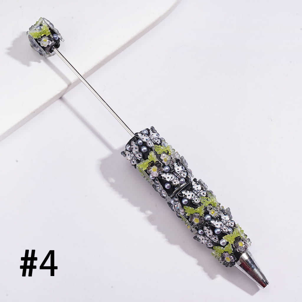 Beadable Clay Pens with Vivid Butterfly, Floral Flowers and White Pearls