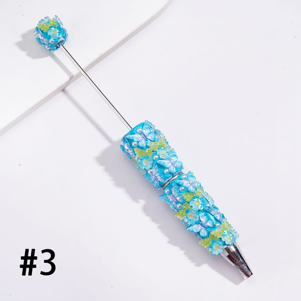 Beadable Clay Pens with Vivid Butterfly, Floral Flowers and White Pearls