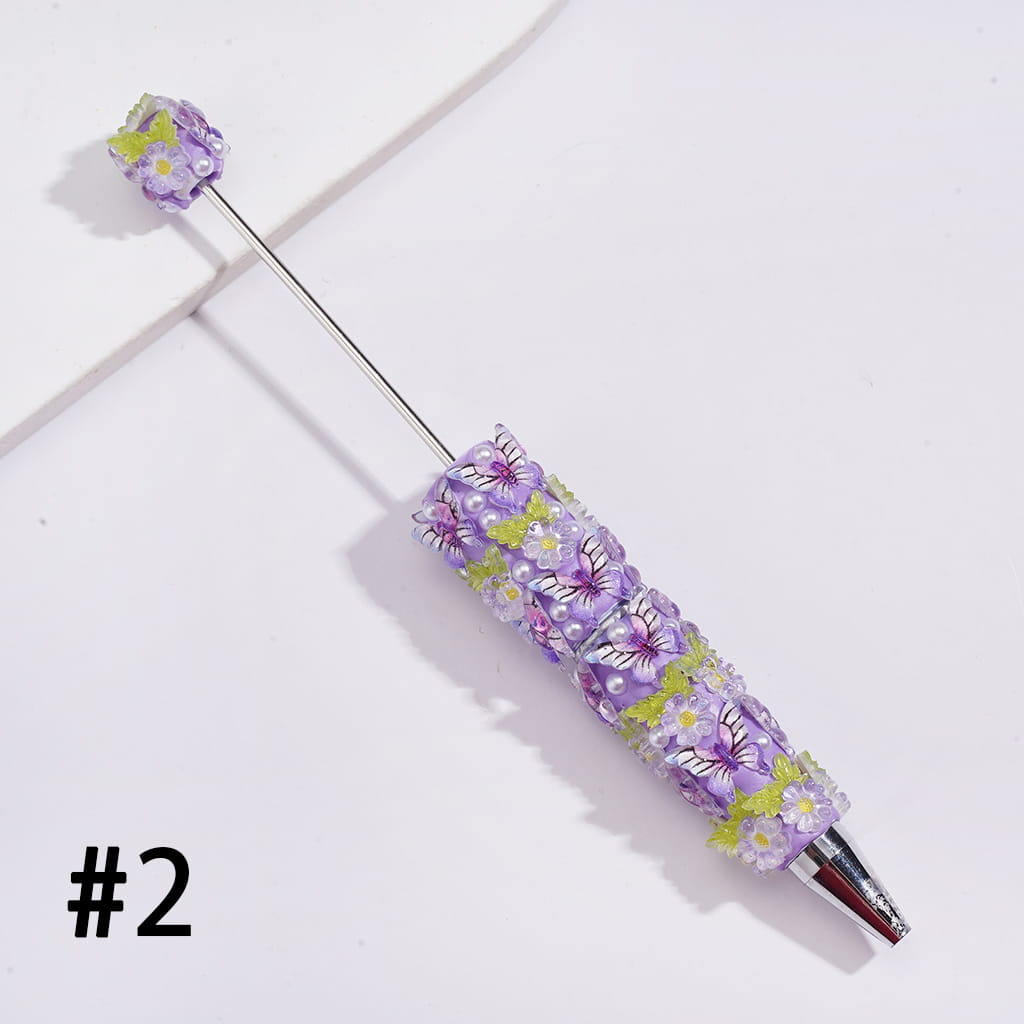 Beadable Clay Pens with Vivid Butterfly, Floral Flowers and White Pearls