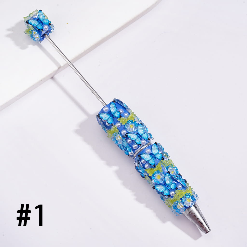 Beadable Clay Pens with Vivid Butterfly, Floral Flowers and White Pearls