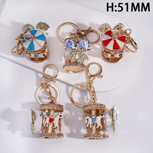 Metal Keychain w Lobster Clasp Charm Pendant Alloy Carousel, Clay Beads w Alloy Bowtie Flowers Rhinestones, Height 51MM, Red Blue