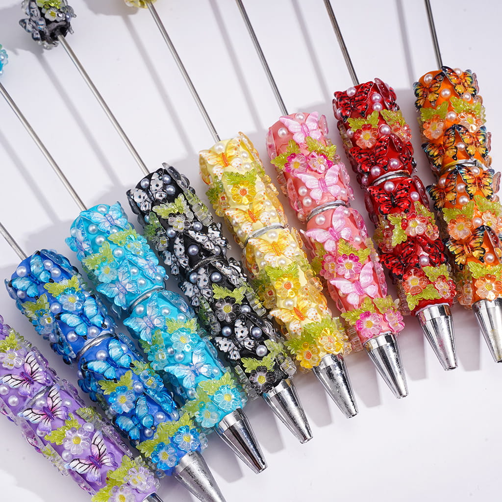 Beadable Clay Pens with Vivid Butterfly, Floral Flowers and White Pearls