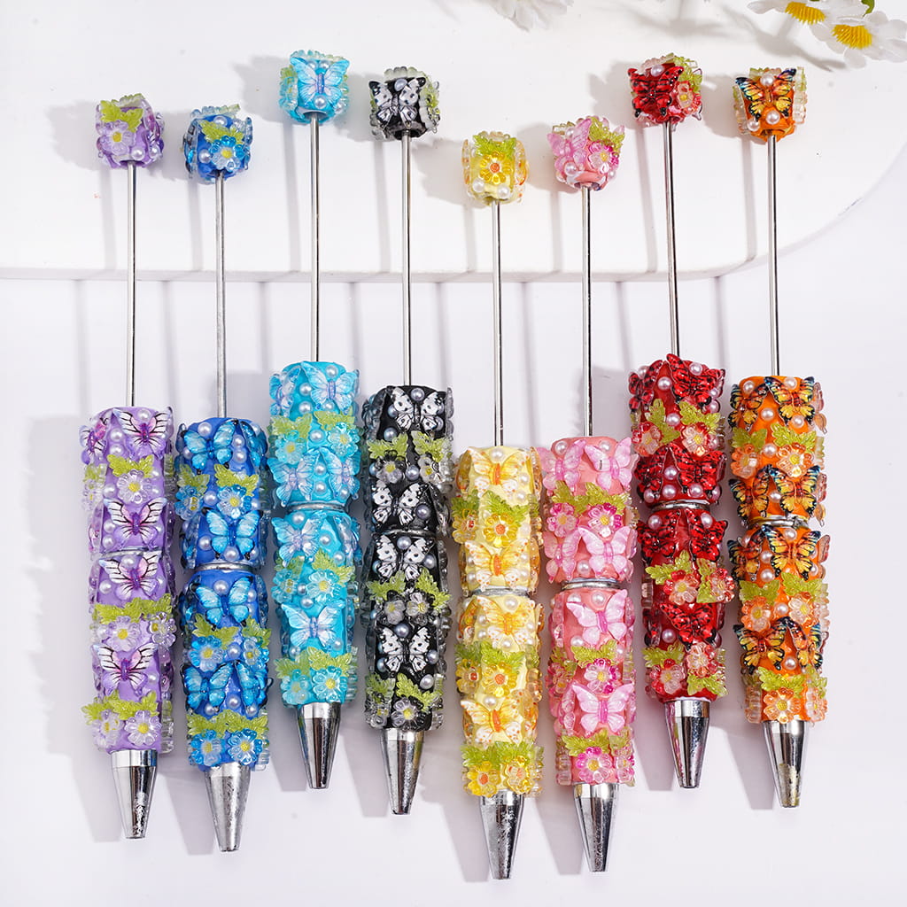 Beadable Clay Pens with Vivid Butterfly, Floral Flowers and White Pearls