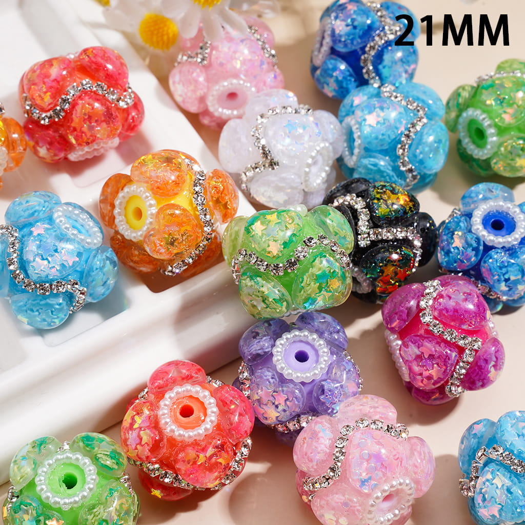 Hand-Made Acrylic Beads w Star Sequin Heart Rhinestone, Wavy Shaped Clear Rhinestone & White Pearl Chains, 21MM, Random Mix