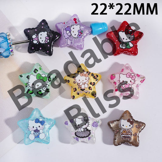 Acrylic Beads Cat Eye Style Five-Pointed Star with Cute Cat Character Prints, 22*22MM, Random Mix