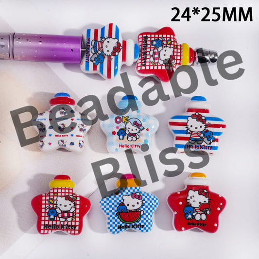 Acrylic Beads Star Wishing Bottle with Cute Cat Character Prints, 24*25MM, Random Mix