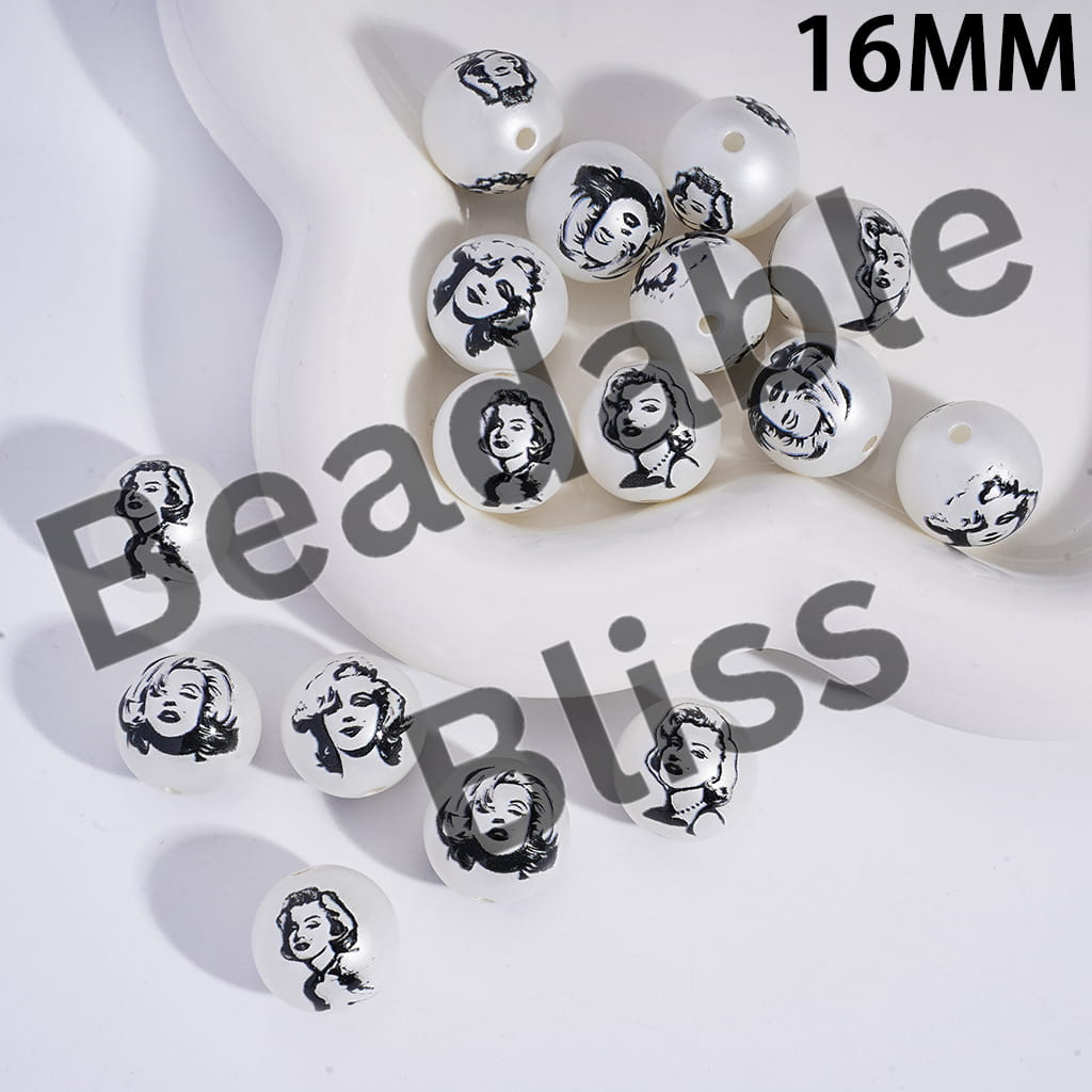 Acrylic Beads for Bracelets with American Sexy Actress in Black White Style, 16MM, Random Mix