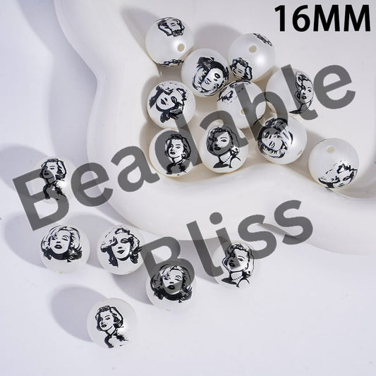 Acrylic Beads for Bracelets with American Sexy Actress in Black White Style, 16MM, Random Mix