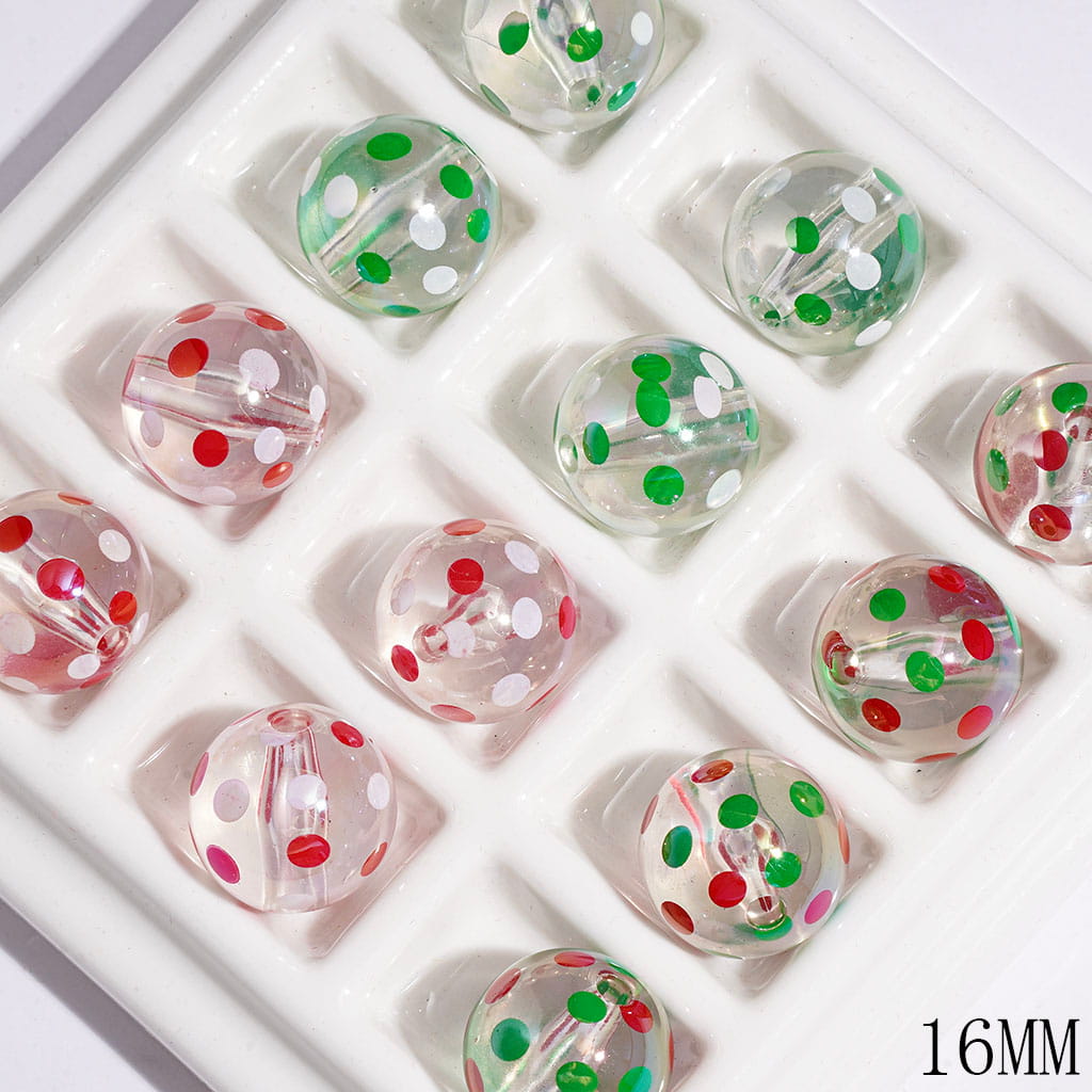 Christmas Clear Acrylic Beads for DIY Bracelets or Necklets, with Red & White & Green Polka Dots, Three Style
