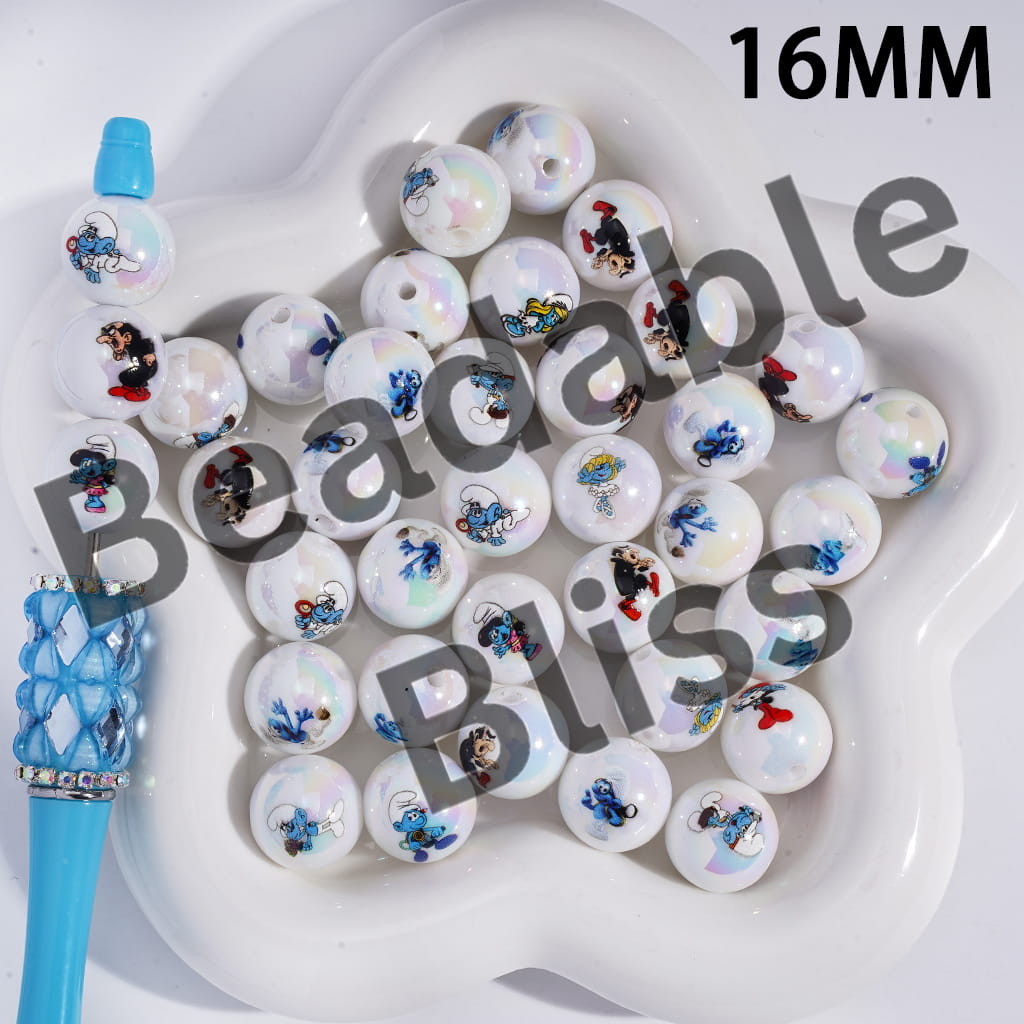Acrylic Beads for Bracelets UV Coating with Blue Elf Series Prints, 16MM, Random Mix