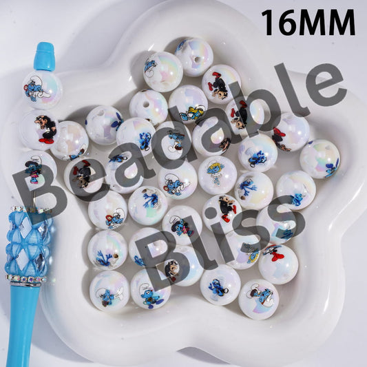 Acrylic Beads for Bracelets UV Coating with Blue Elf Series Prints, 16MM, Random Mix