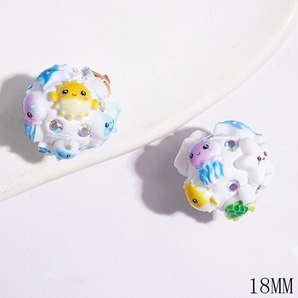 Clay Beads with Jellyfish Dolphin Ugly Fish Manta Ray Starfish Turtle Pufferfish and AB Rhinestones, 18MM