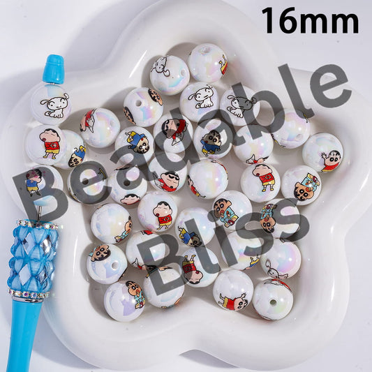 Acrylic Beads for Bracelets UV Coating with Japanese Funny Boy Comic Character Series, 16MM, Random Mix