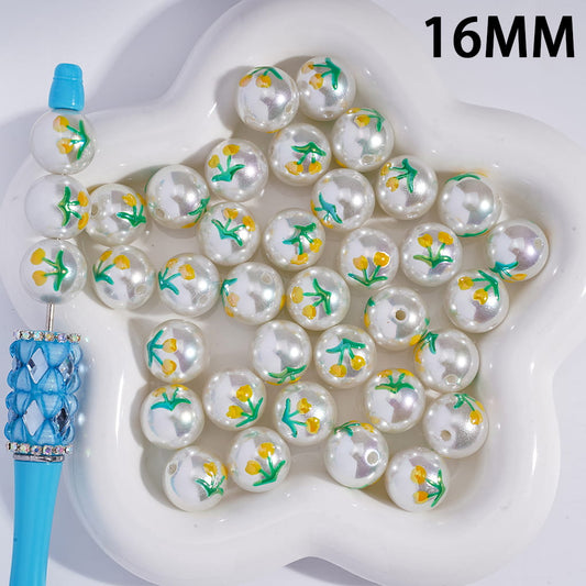 Acrylic Beads for Bracelets with Yellow Tulip Flower Patterns, 16MM, Pearl White