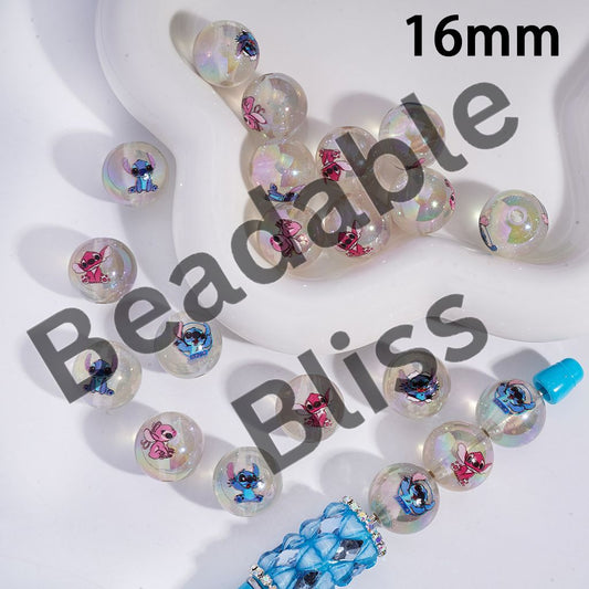 Acrylic Beads for Bracelets UV Coating with Pink Blue Monster Character and Glitter, 16MM, Random Mix