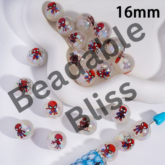 Acrylic Beads for Bracelets UV Coating with Web Hero Character Series and Glitter, 16MM, Random Mix