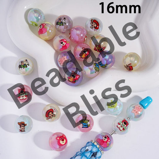 Acrylic Beads for Bracelets UV Coating with Toy Adventure Character and Glitter, 16MM, Candy Color, Random Mix