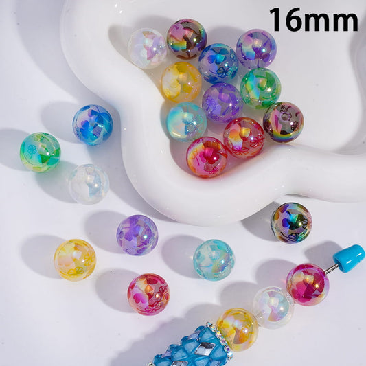 Acrylic Beads for Bracelets UV Coating with Flower Prints in Assorted Colors, 16MM, Random Mix