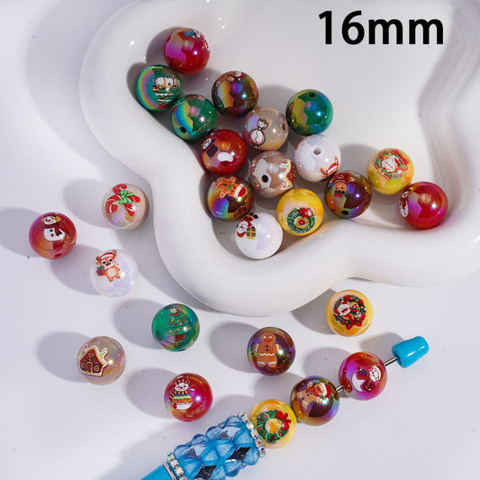 Acrylic Beads for Bracelets UV Coating with Christmas Series Prints, 16MM, Multi-Color, Random Mix
