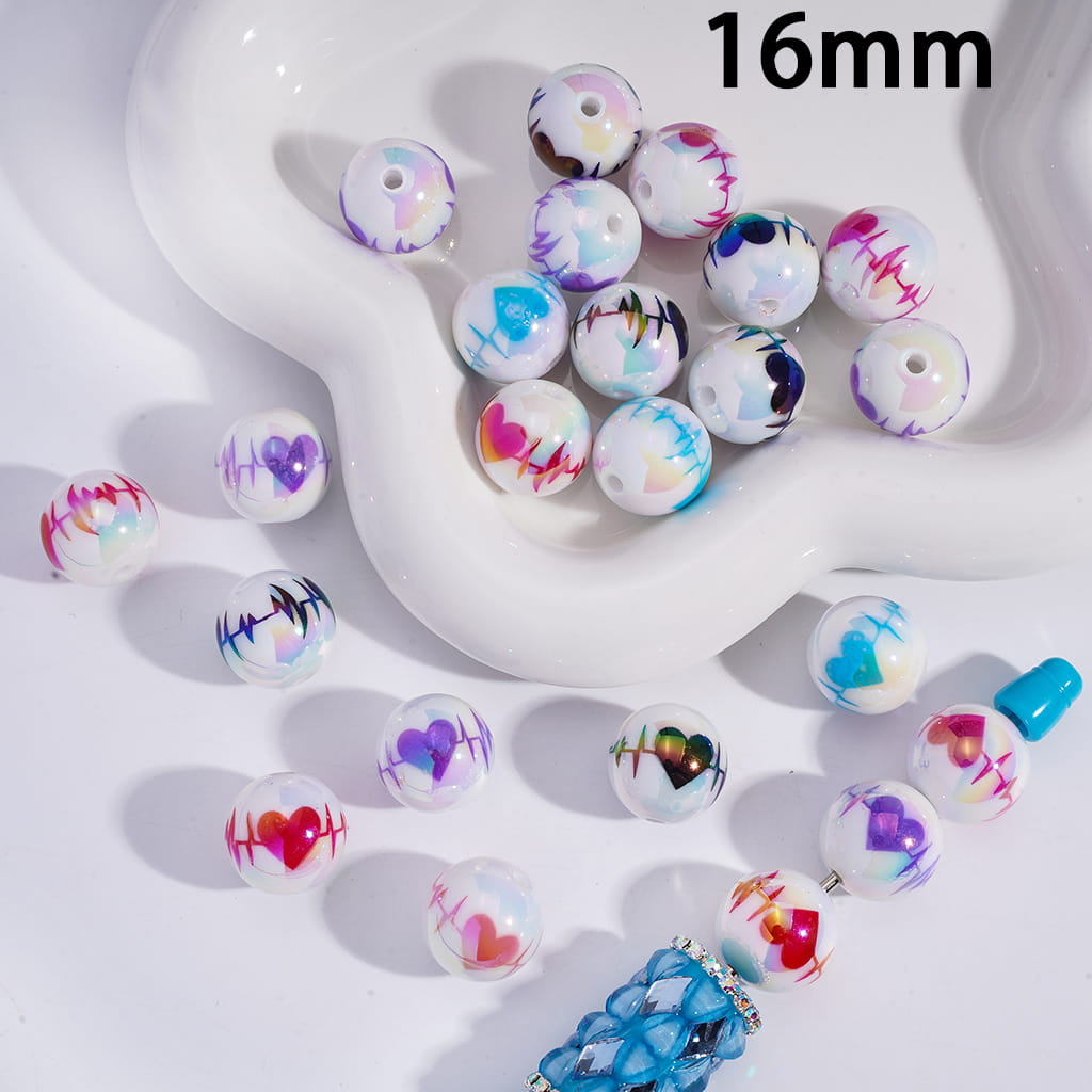 Acrylic Beads for Bracelets UV Coating with Heartbeat Circuit Diagram Series, 16MM, Multi-Color, Random Mix
