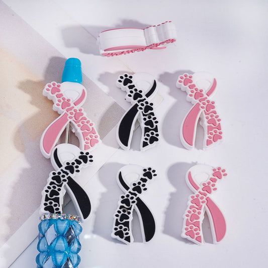 Silicone Focal Beads Silk Ribbon Series with Claw Prints, Black and Pink