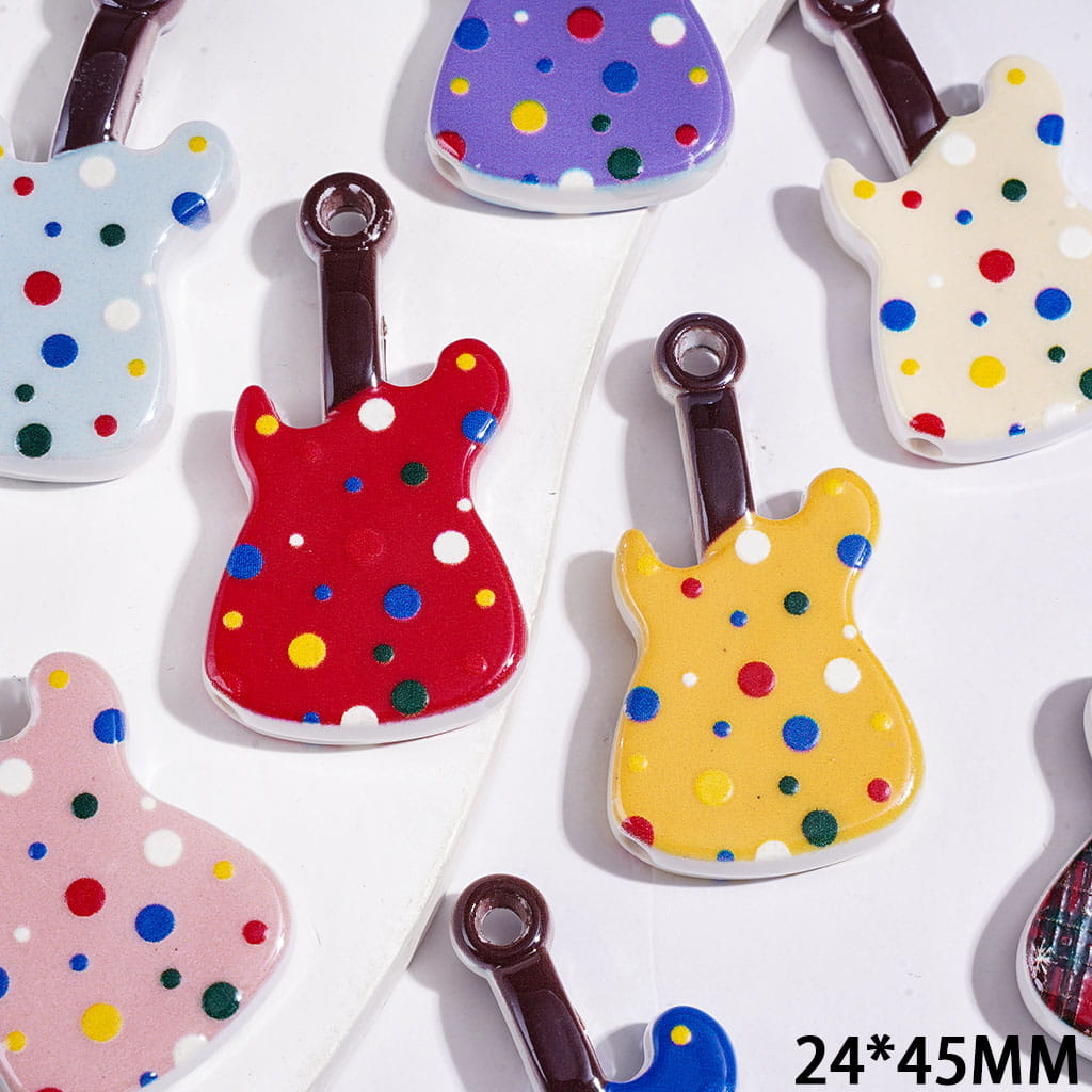 Guitar with Polka Dots Acrylic Beads and Pendants, Angled Holes, 24*45MM Multi-Color Random Mix