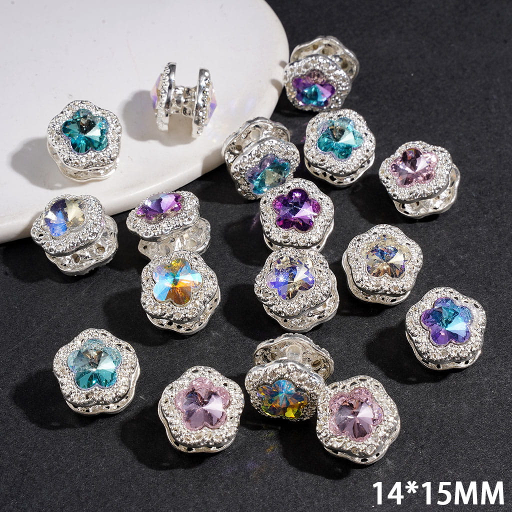 Silver Metal Beads with Sparkling Flower Shaped Rhinestone, 14*15MM Multi-Color Random Mix