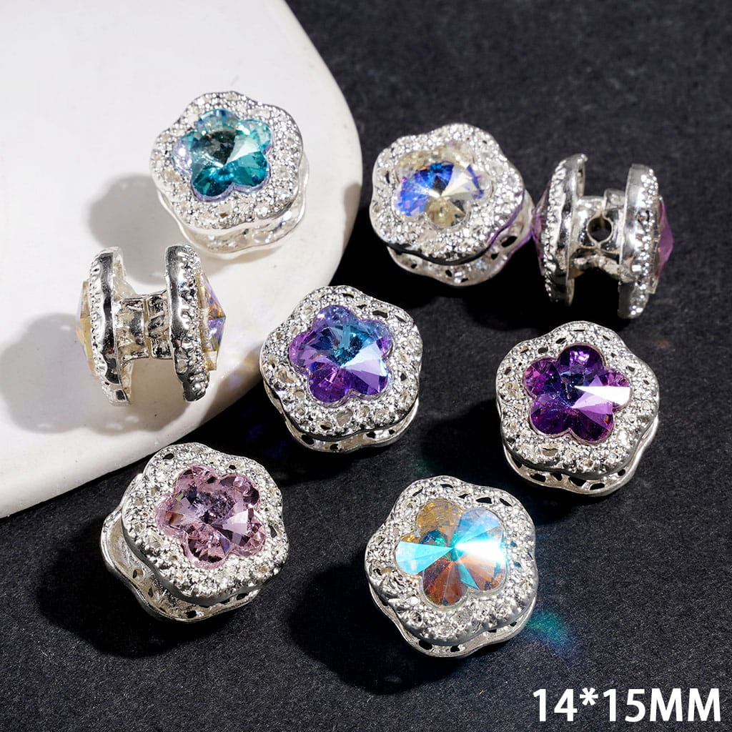 Silver Metal Beads with Sparkling Flower Shaped Rhinestone, 14*15MM Multi-Color Random Mix