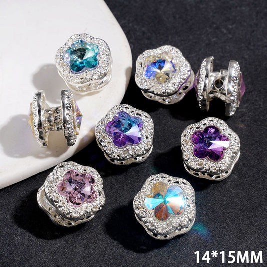 Silver Metal Beads with Sparkling Flower Shaped Rhinestone, 14*15MM Multi-Color Random Mix