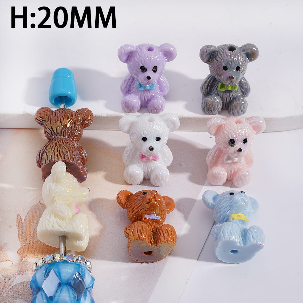 Acrylic Beads UV Coating Bear with Bowtie Series, Height 20MM, Multi-Color, Random Mix