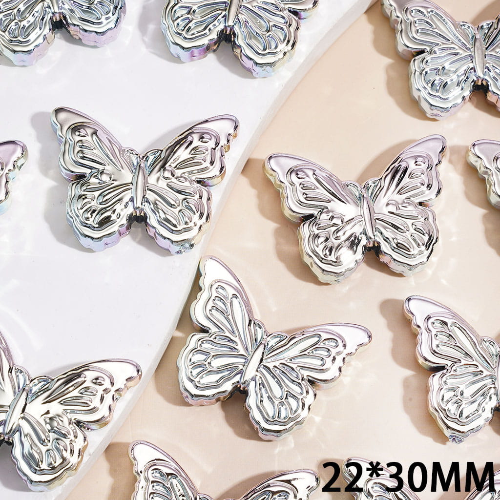 Laser Galaxy Iridescent Holographic Metallic Silver Color Butterfly Acrylic Beads, Around 22*30MM