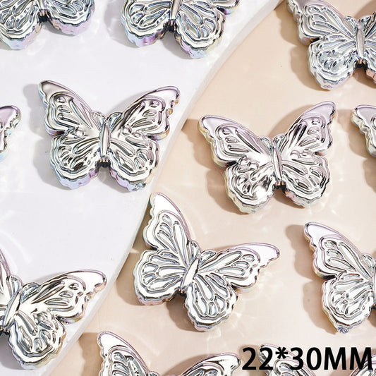 Laser Galaxy Iridescent Holographic Metallic Silver Color Butterfly Acrylic Beads, Around 22*30MM