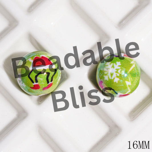 Acrylic Beads for Bracelets UV Coating with White Snowflake and Christmas Green Character Prints, 16MM