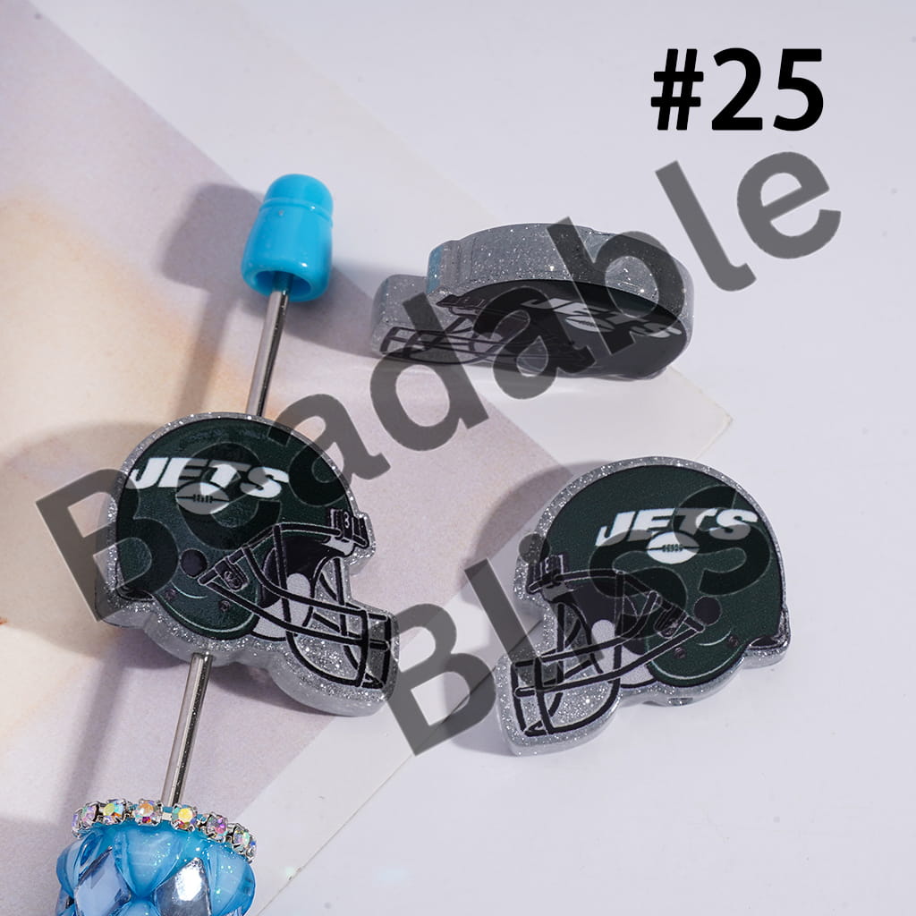 Acrylic Beads USA American Football Team Helmet Series, with Silver Glitter, 22*26MM