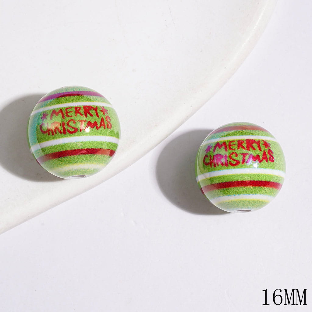 Green Red White Stripes and Text "Merry Christmas" Acrylic Beads for Bracelets UV Coating, 16MM