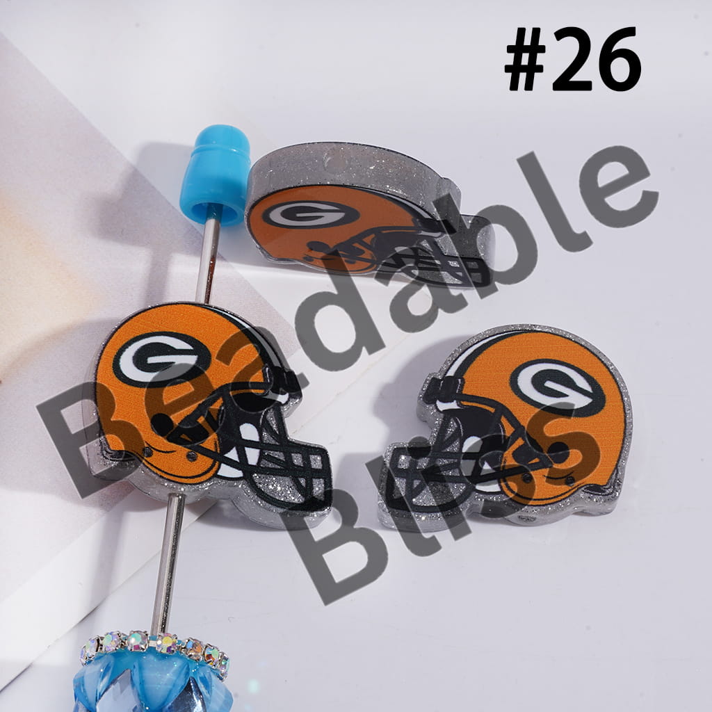 Acrylic Beads USA American Football Team Helmet Series, with Silver Glitter, 22*26MM