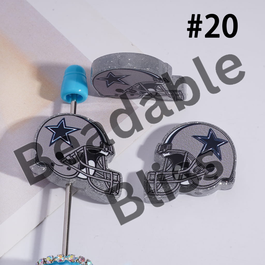 Acrylic Beads USA American Football Team Helmet Series, with Silver Glitter, 22*26MM