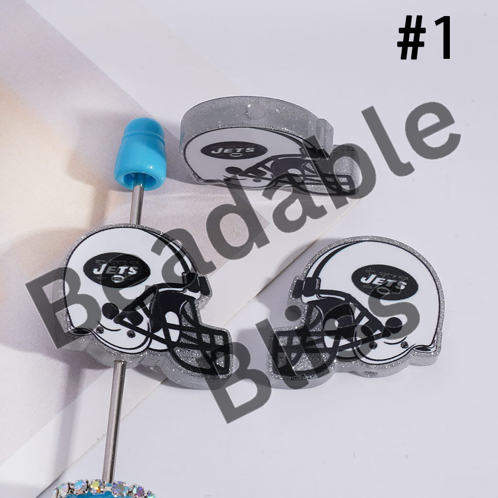 Acrylic Beads USA American Football Team Helmet Series, with Silver Glitter, 22*26MM