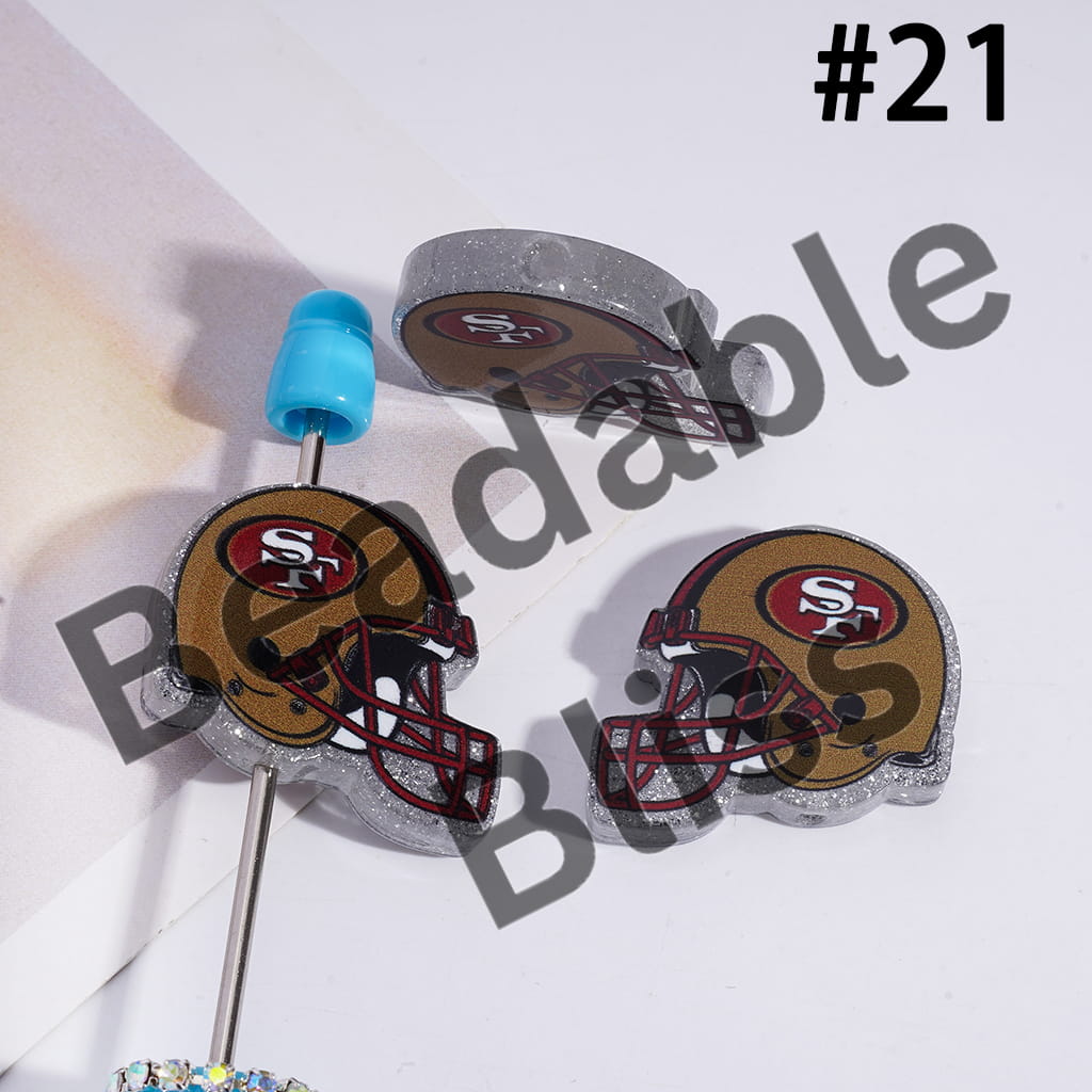 Acrylic Beads USA American Football Team Helmet Series, with Silver Glitter, 22*26MM