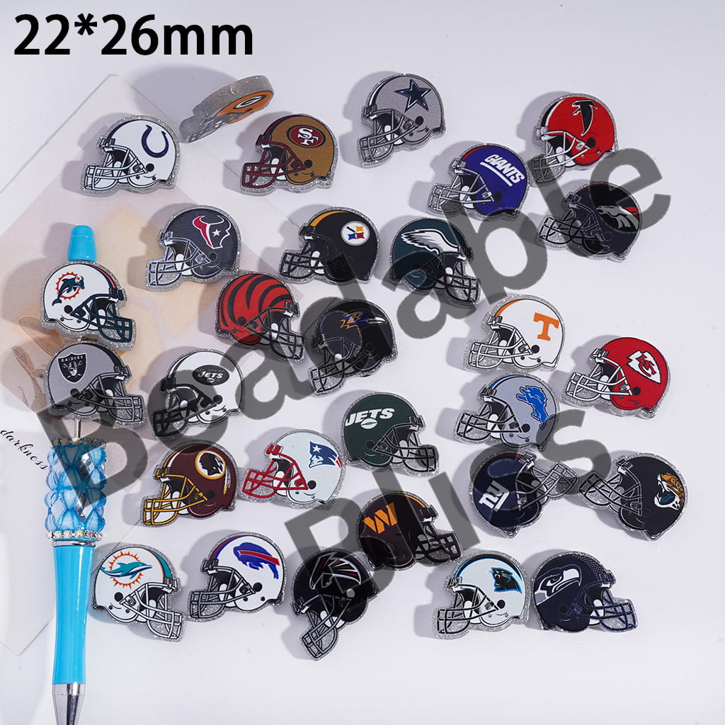 Acrylic Beads USA American Football Team Helmet Series, with Silver Glitter, 22*26MM